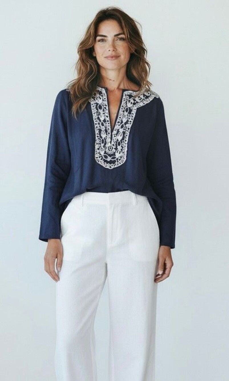 Ecologie Women's Navy Embroidered Collar 100% Linen Tunic Top Size Medium